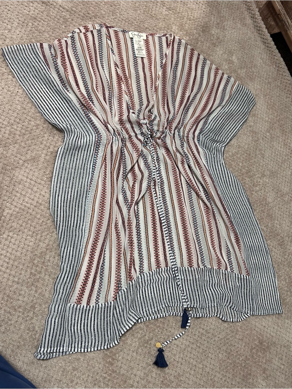 Jessica Simpson Striped Drawstring Coverup - Red, Navy & Cream